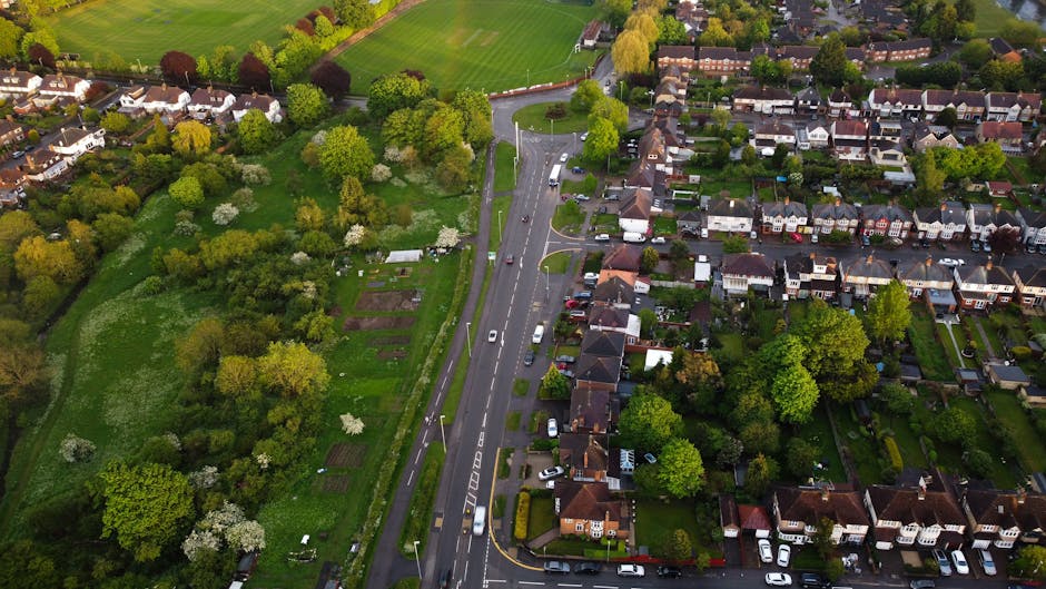 An aerial view of a suburban neighborhood showcasing a mixture of residential houses with well-maintained gardens, trees, and lawns. The image highlights a main road with moving vehicles, bordered by a lush green park on one side featuring mature trees, flower beds, and patches of grass. The houses have neatly trimmed hedges, drives, and small front lawns, with some gardens displaying vegetable plots or flower beds. The environment is bathed in natural daylight, capturing the textures of wet soil, freshly cut grass, and the vibrant green foliage. This scene exemplifies typical garden maintenance and landscaping work, emphasizing the importance of hedge trimming and lawn care, as naturally performed by gardeners Edgware, to enhance outdoor spaces and address common access issues in garden pathways and borders.